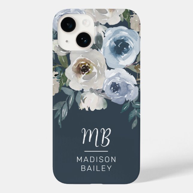 Elegant Blått Blommigt vattenfärgsmonogram (Baksida)