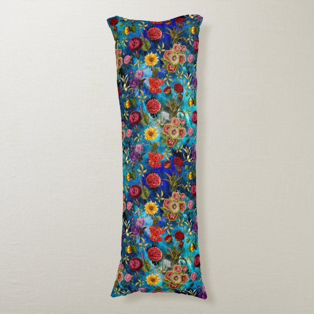 Elegant blått Blommönster monogram Kroppskudde (Framsidan Vertikal)