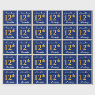 Elegant, blått, faux Guld 12:e, födelsedag + Namn Presentpapper