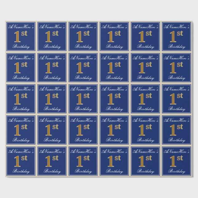 Elegant, blått, faux Guld 1:a födelsedagen; Anpass Presentpapper (Platt)