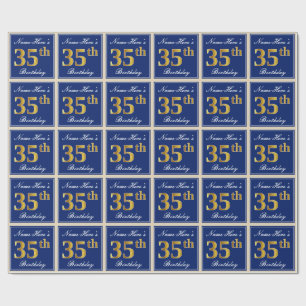 Elegant, blått, Faux Guld 35e Birthday + Namn Presentpapper
