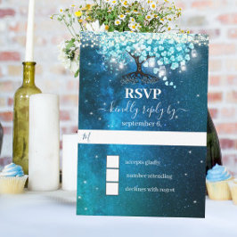 Elegant Blått Hjärtblad Träd Bröllop Spara Datumet Inbjudningar