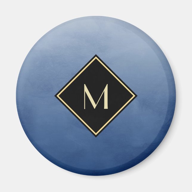 Elegant blått med enkelt Guld-monogram Magnet (Framsidan)