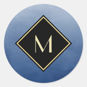 Elegant blått med enkelt Guld-monogram Runt Klistermärke