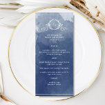 Elegant Blått Monogram vattenfärg Bröllop Meny<br><div class="desc">Önska dina gäster med den här vackra menyn för marinblått och vitt vattenfärg bröllop, med ett handritat botaniskt monogram med parets initialer i vitt över en exquisit vattenfärg tvättar bakgrunden i en vacker blandning av marinblått och blått nyans. Det är enkelt att fylla i mallen med information och meny och...</div>