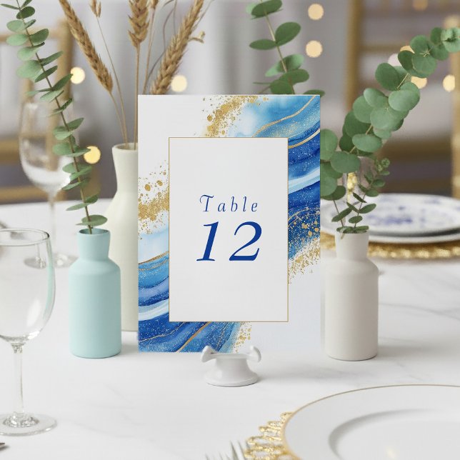 Elegant Blått och Guld fet Bordsnummer kort (Gold and blue agate effect wedding table number card.)