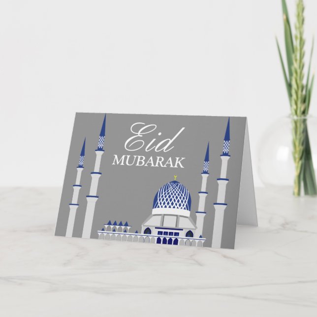 Elegant blått- och vitmoské Eid Mubarak Helgkort (Framsida)