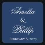 Elegant Blått och vitt bröllop Fyrkantigt Klistermärke<br><div class="desc">Tungblått är en tidlös färg av både elegans och enkelhet. Det moderna stil i denna bröllop-svit kommer att göra er bröllop ännu mer minnesvärd! Fullt anpassade, från typsnitt till färg. Tveka inte att kontakta oss om du vill ha en design eller förändring som inte kan göras med hjälp av knappen...</div>