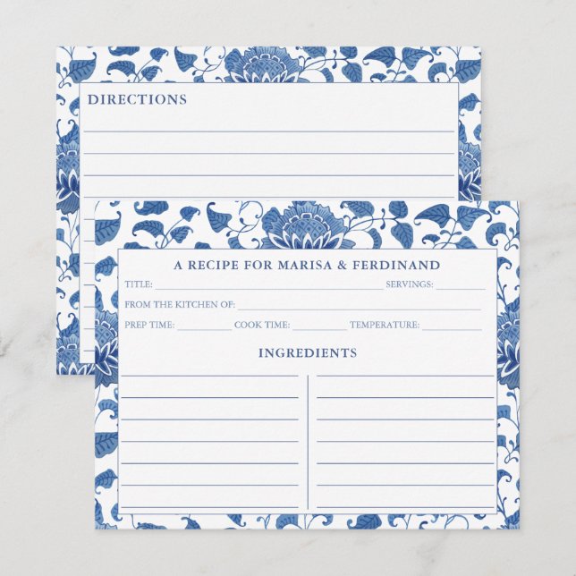 Elegant Blått Och Vitt Porslinsmönster Receptkort Inbjudningar (Fram/baksida)