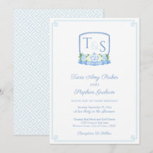 Elegant Blått Och Vitt Vattenfärgsköld Bröllop