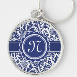 Elegant blått- och vitWilliam Morris blommigt Rund Silverfärgad Nyckelring
