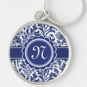 Elegant blått- och vitWilliam Morris blommigt Rund Silverfärgad Nyckelring