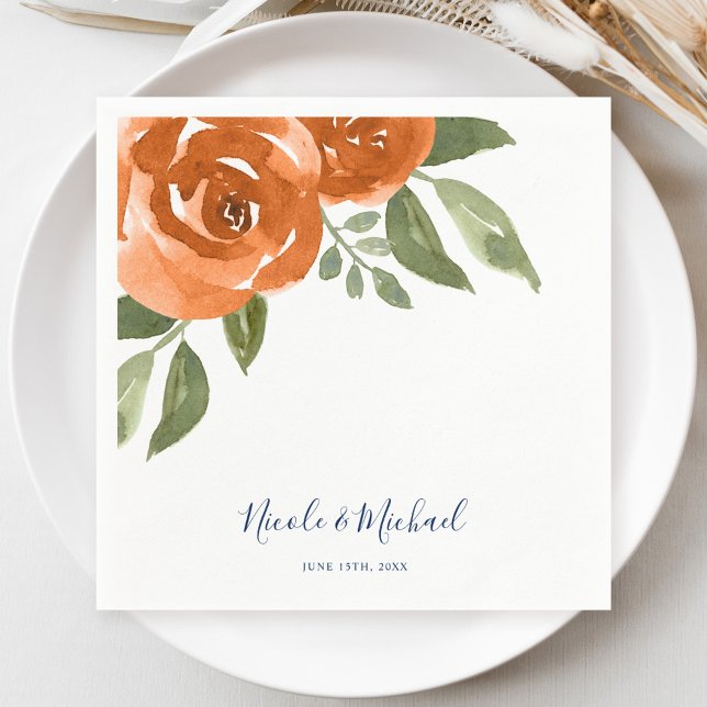 Elegant Blått Orange Vattenfärg Blommigt Bröllop Pappersservett (Skapare uppladdad)