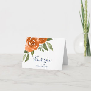 Elegant Blått Orange Vattenfärg Blommigt Bröllop Tack Kort