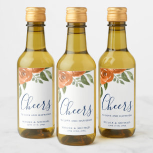 Elegant Blått Orange Vattenfärg Blommigt Bröllop Vinetikett