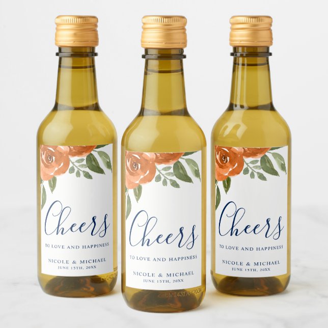 Elegant Blått Orange Vattenfärg Blommigt Bröllop Vinetikett (Flaskor)