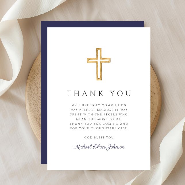 Elegant Blått Religiösa Kor Första kommissionen Tack Kort (Elegant Navy Blue Religious Cross First Communion Thank You Card)