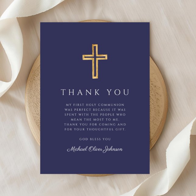 Elegant Blått Religiösa Kor Första kommissionen Tack Kort (Elegant Navy Blue Religious Cross First Communion Thank You Card)