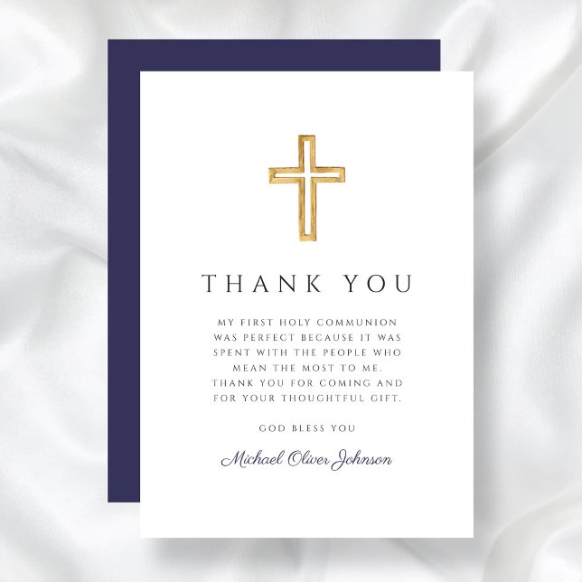 Elegant Blått Religiösa Kor Första kommissionen Tack Kort (Elegant Navy Blue Religious Cross First Communion Thank You Card)