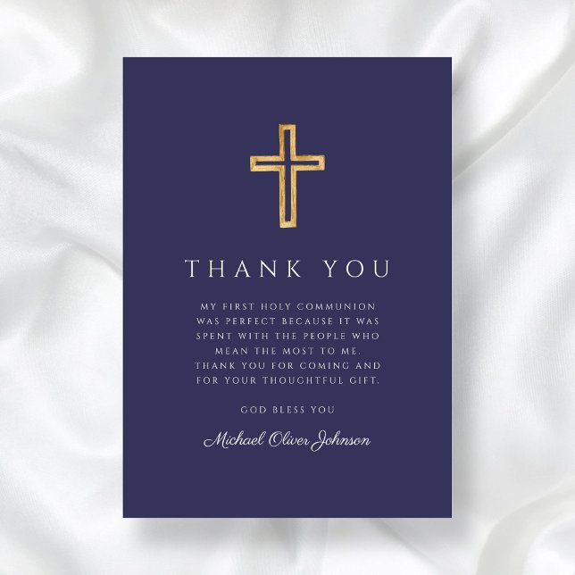 Elegant Blått Religiösa Kor Första kommissionen Tack Kort (Elegant Navy Blue Religious Cross First Communion Thank You Card)