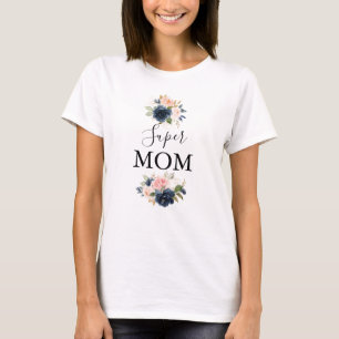 Elegant Blått Rosa Blommigten Toppen Mamma T Shirt