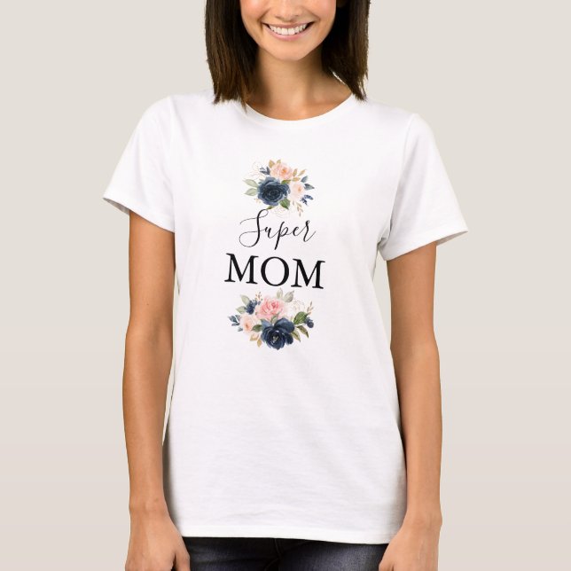 Elegant Blått Rosa  Blommigten Toppen Mamma T Shirt (Framsida)