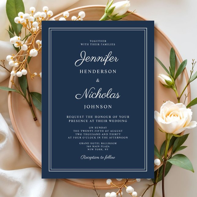 Elegant - blått skript Bröllop Inbjudningar (Elegant Navy Blue Script Wedding Invitation)