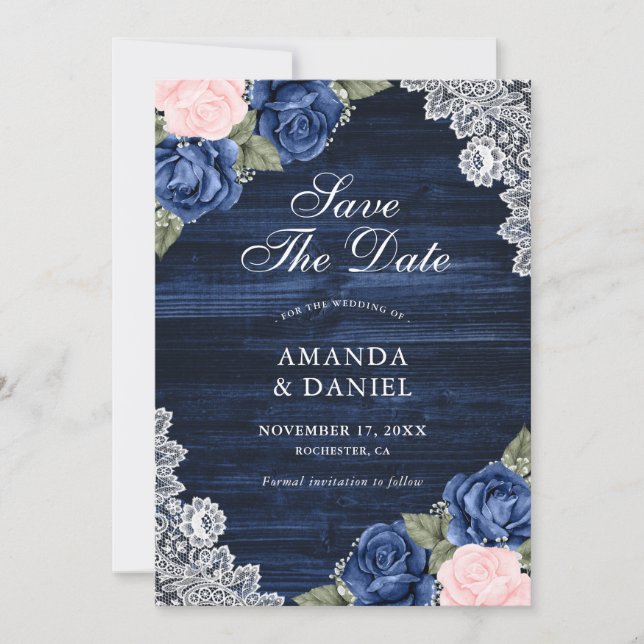 Elegant Blått  trä Snöre Blommigt Bröllop Spara Datumet (Framsida)