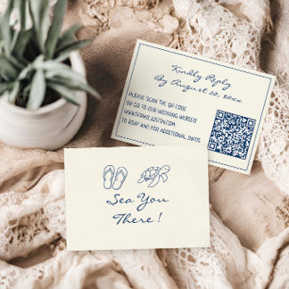 Elegant Blått Tropiskt Blad QR-kod Bröllop OSA Kort