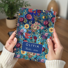 Elegant Blått Vattenfärg Blommig Monogram Anteckningsbok