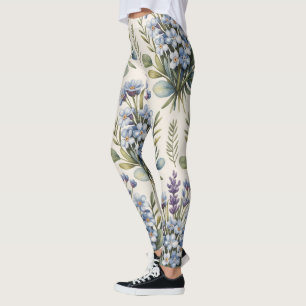 Elegant Blått Vattenfärg Blommönster Leggings