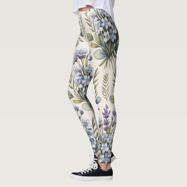 Elegant Blått Vattenfärg Blommönster Leggings (Vänster)