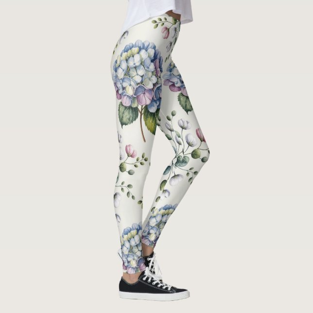 Elegant Blått Vattenfärg Blommönster Leggings (Höger)
