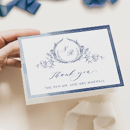 Elegant Blått vattenfärgsmonogram Bröllop Tack Kort
