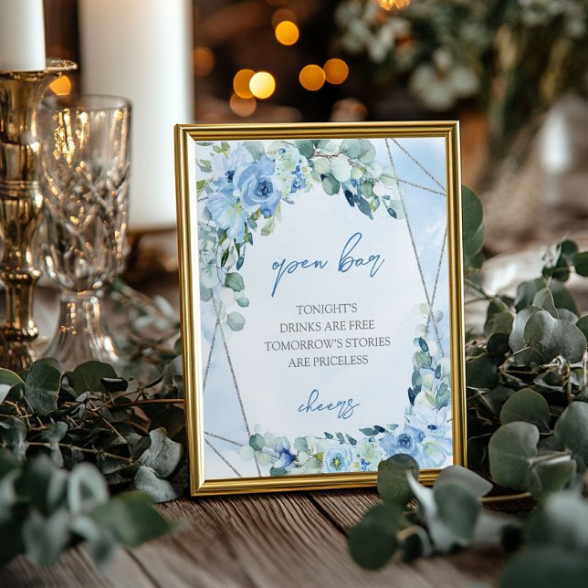 Elegant blått vattenfärgstecken blommigt Öppna pub Poster (Elegant soft blue watercolor floral Open bar sign)