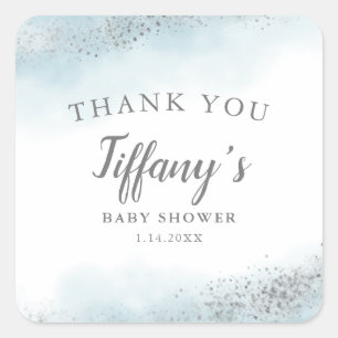 Elegant blåttsilverbaby shower fyrkantigt klistermärke