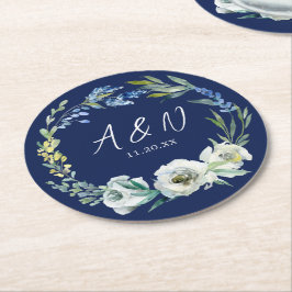 Elegant Blåvit Blommigt Monogram Bröllop Underlägg Papper Rund
