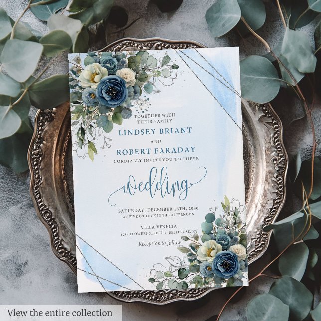 Elegant Blåvit Silver Blommigt Bröllop Inbjudningar (Elegant Navy Blue White Silver Floral Wedding Invite)