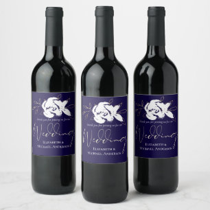 Elegant Blåviten Guld Bröllop Vinflaska Etikett