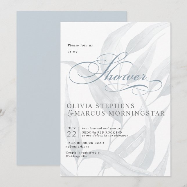 Elegant Blek Dusty Blue Eucalyptus Löv Inbjudningar (Fram/baksida)