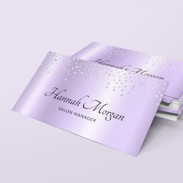 Elegant Blek Lavender Lila Ombre Silver Confetti Visitkort (Elegant Pale Lavender Purple Ombre Silver Confetti Business Card)