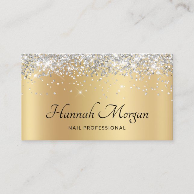 Elegant blekgul satinfärg med silverglitter visitkort (Framsida)