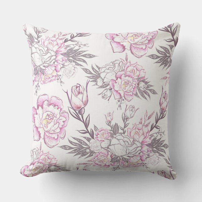 Elegant blekrosa blommönster grå bladverk  kudde (Framsida)