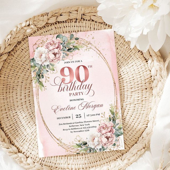 Elegant blekrosa guld eukalyptus 90-årsdag  inbjudningar (Elegant Pale Pink Gold Eucalyptus 90th Birthday Invite)