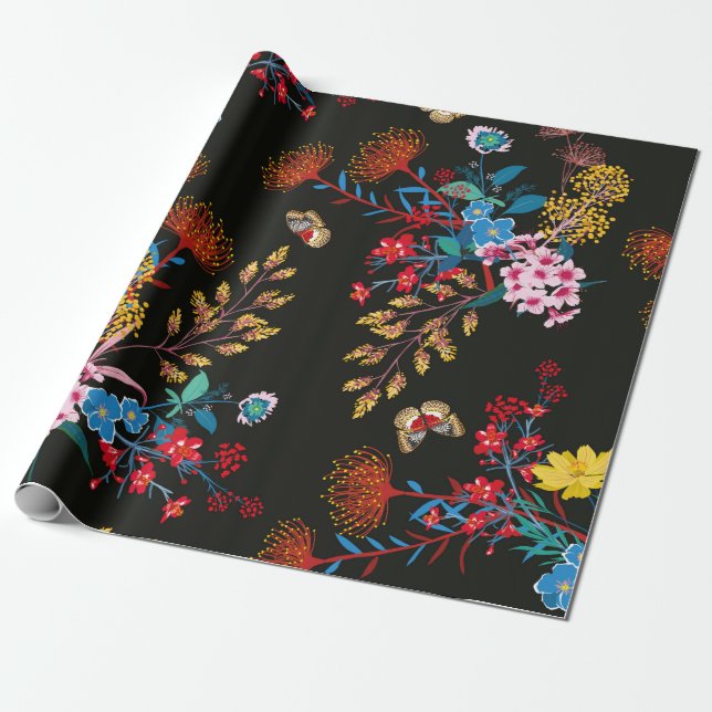 Elegant Blodda blommigt och fjärilar i  Presentpapper (Utrullad)