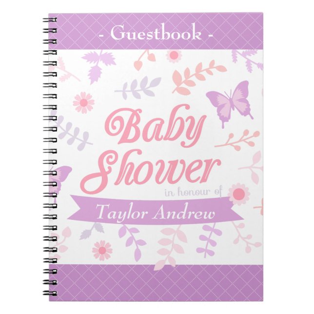 Elegant blom- fjärilsbaby showerGuestbook Anteckningsbok Med Spiral (Framsidan)