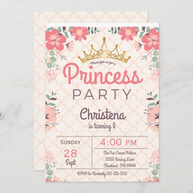 Elegant blom- Princess födelsedagsfest inbjudan (Fram/baksida)