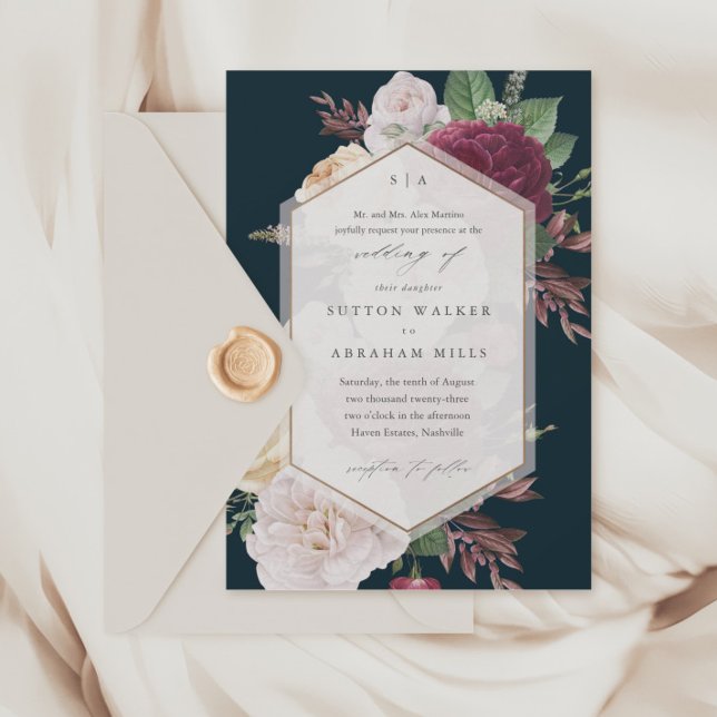 Elegant blombröllop inbjudningar (Vintage floral bouquet navy blue wedding invitations.)