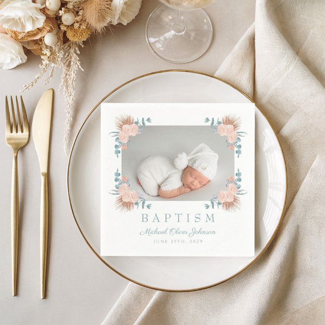 Elegant blomfoto dop pappersservett (Elegant Floral Photo Baptism Napkins)