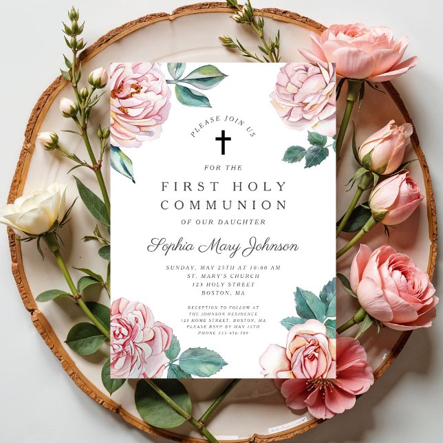 Elegant blomkors flicka första kommunion inbjudningar (Elegant Floral Cross Girl First Communion Invitation Digital Download)